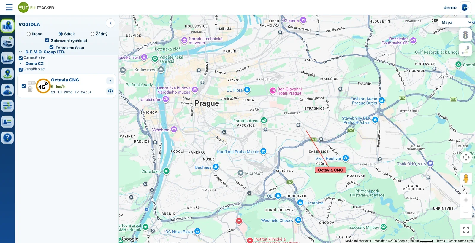 Webová aplikace EUTRACKER – poloha vozidel na mapě